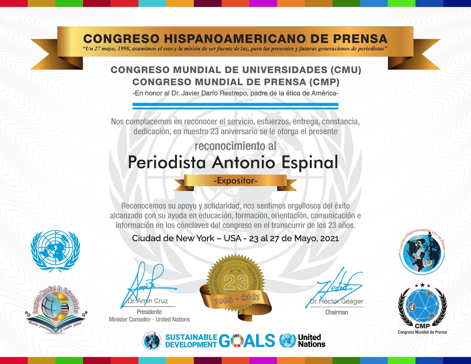 Reconocimiento del Congreso Hispanoamericano de Prensa